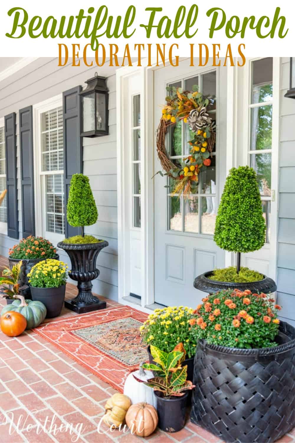 front porch decor ideas for fall with mums and pumpkins
