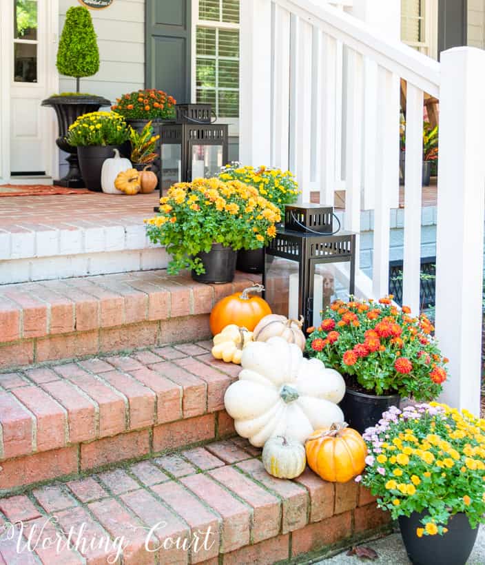 front porch decor ideas for fall with different colors of mums and pumpkins on porch steps