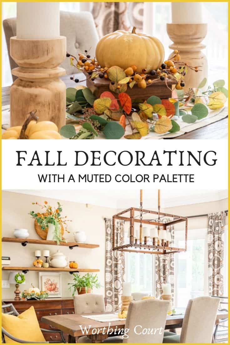 fall shelf decor and a fall centerpiece in muted fall colors