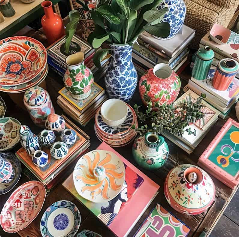 table filled with colorful accessories to be use to decorate shelves