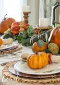 Thanksgiving tablescape with pumpkins and eucalyptus
