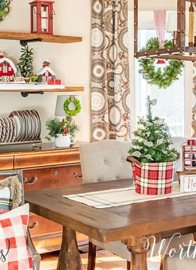 dining room with red, white and plaid Christmas decorations