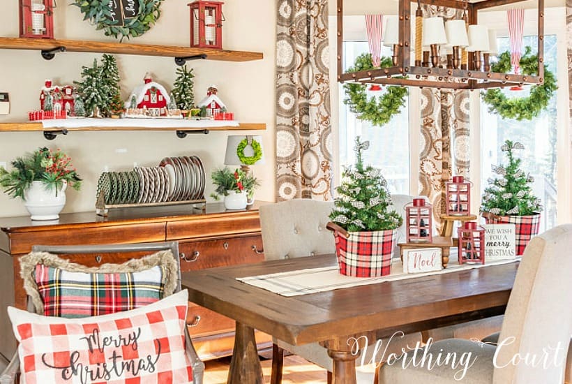 dining room with red, white and plaid Christmas decorations