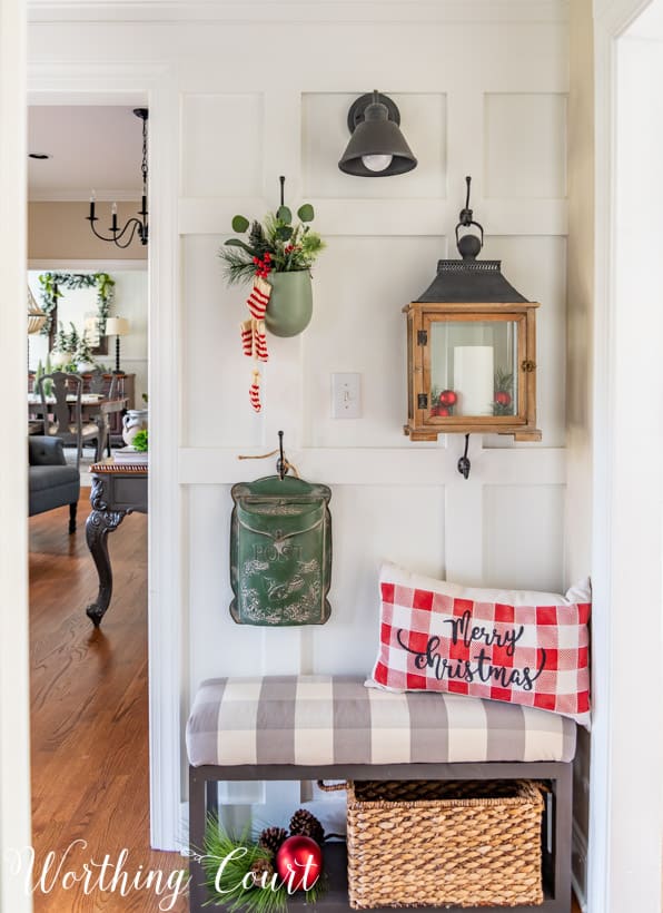 There is a plant hanging from a hook on the board and batten wall.