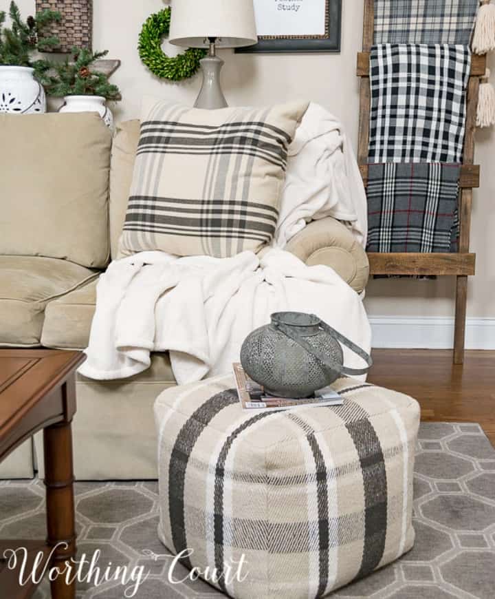 Black and white pillow and pouf winter decorating ideas.