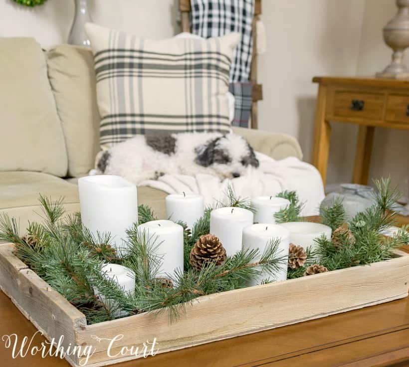 A small wooden tray filled with candles and greenery plus a little dog sleeping on the couch.