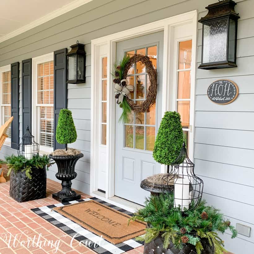 front porch with winter decor