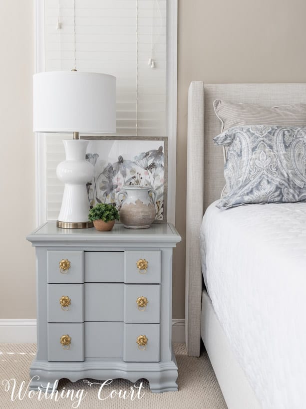 old nightstand updated with gray paint and new hardware