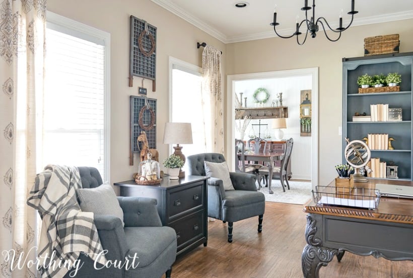 pair of gray accent chairs in home office