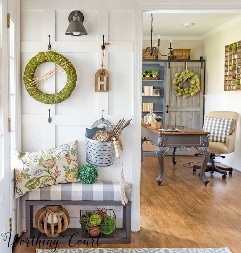 white board and batten wall with bench and accessories