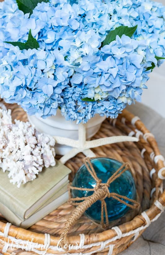 blue hydrangeas in a white vase in a wicker tray on coffee table