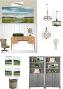 Design board for home office redesign showing updated traditional style furnishings and accessories