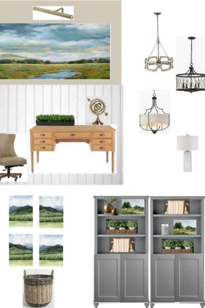 Design board for home office redesign showing updated traditional style furnishings and accessories