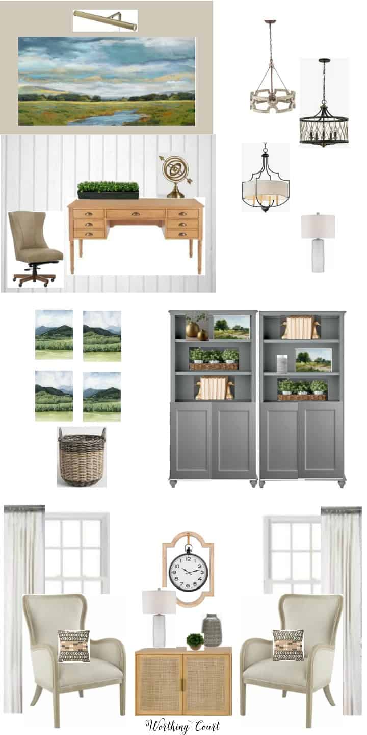 Design board for home office redesign showing updated traditional style furnishings and accessories