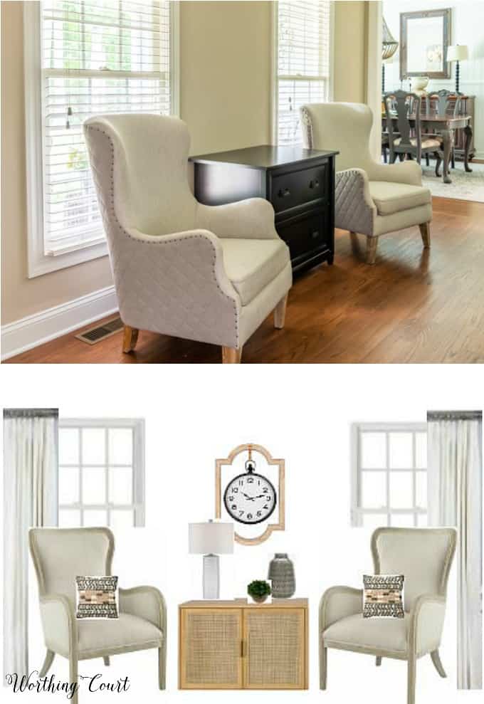 wing chairs in front of windows and image with office redesign plans for the same area