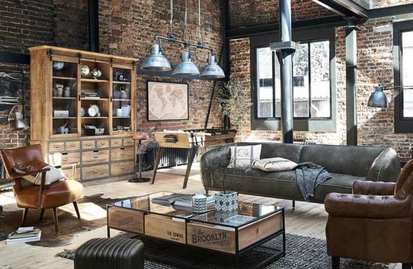 industrial style living room with brick wall