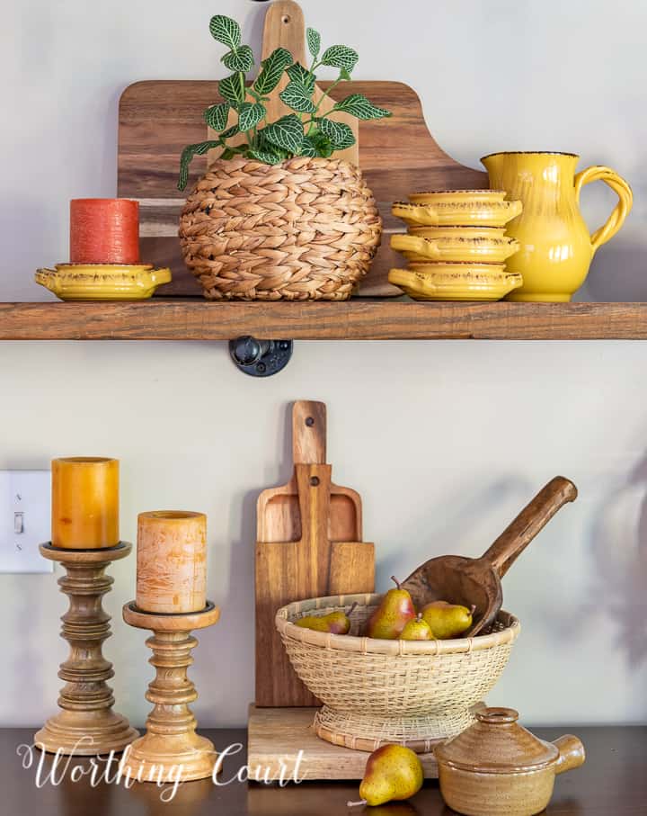 Floating shelves with variety of fall decor