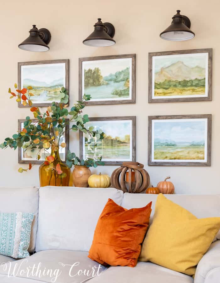 family room with neutral furniture decorated for fall