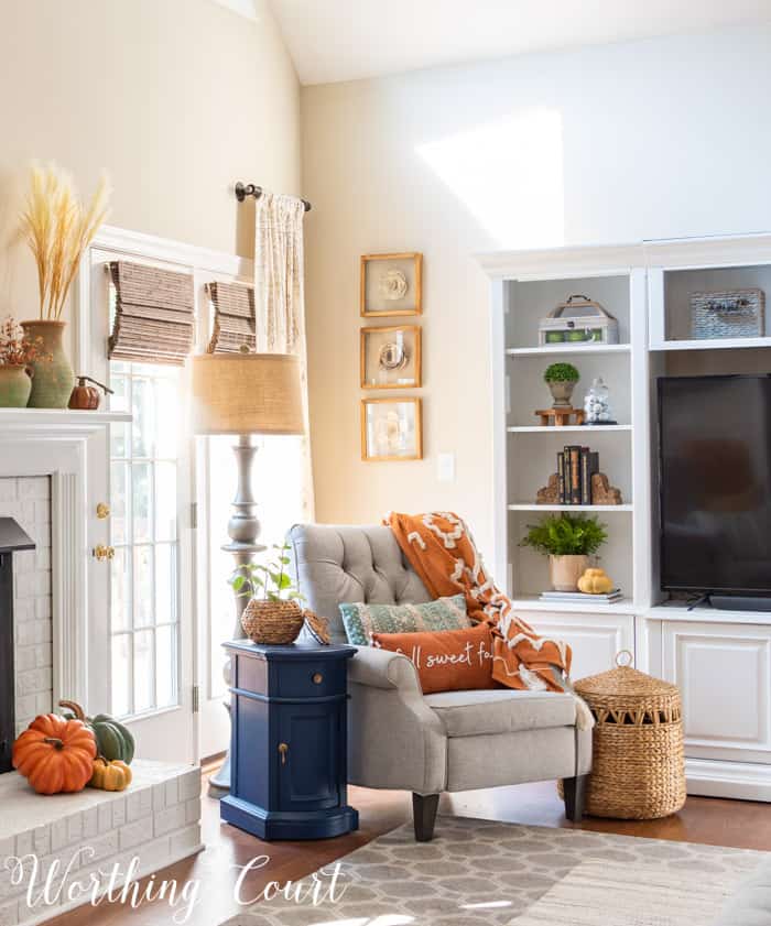 family room with neutral furniture decorated for fall