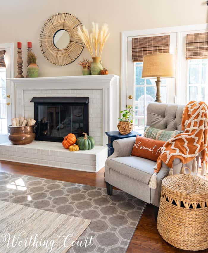 family room with neutral furniture decorated for fall