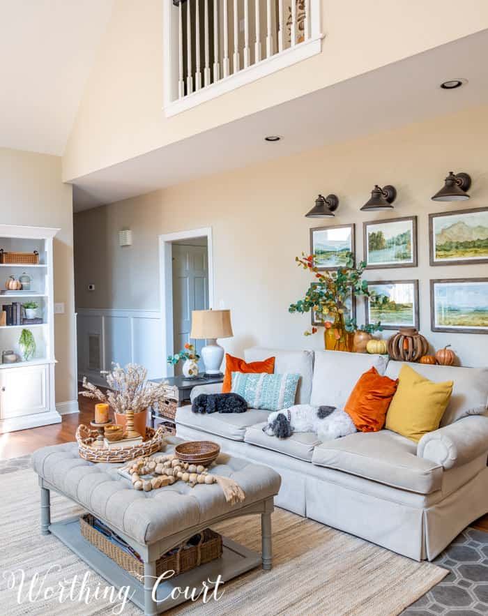 family room with neutral furniture decorated for fall