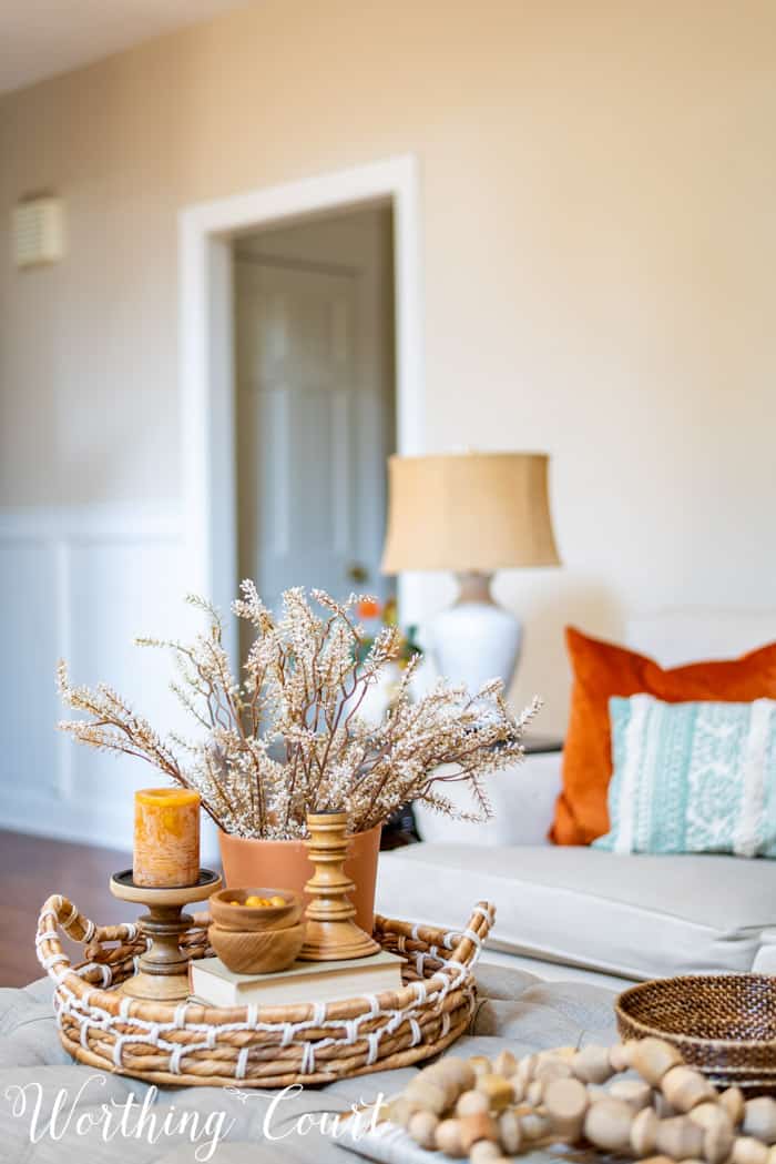 family room with neutral furniture decorated for fall