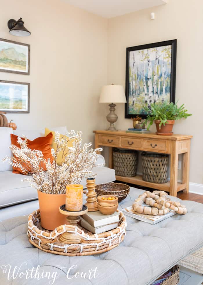 family room with neutral furniture decorated for fall