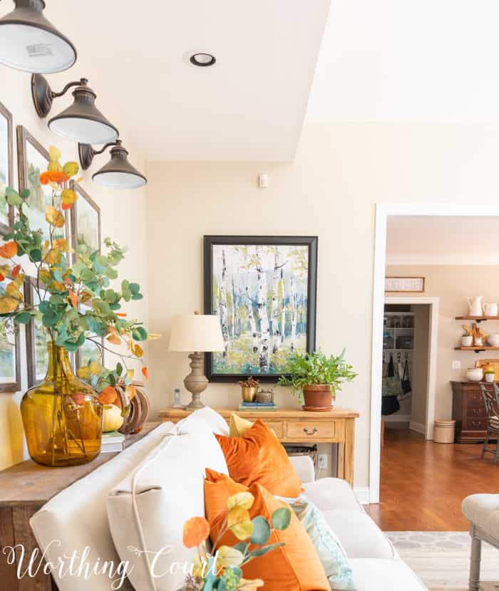 family room with neutral furniture decorated for fall