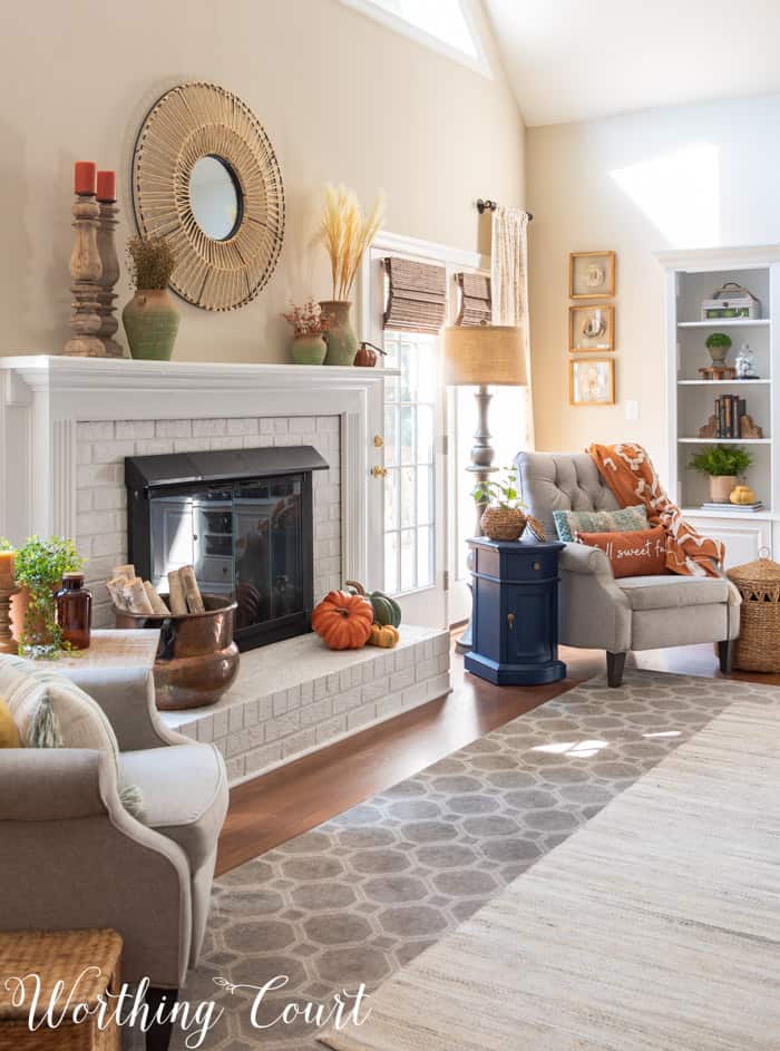 family room with neutral furniture decorated for fall