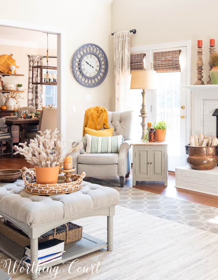 family room with neutral furniture decorated for fall