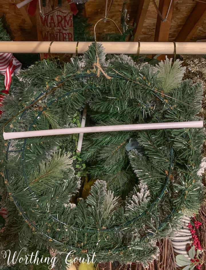 wreath stored on coat hanger