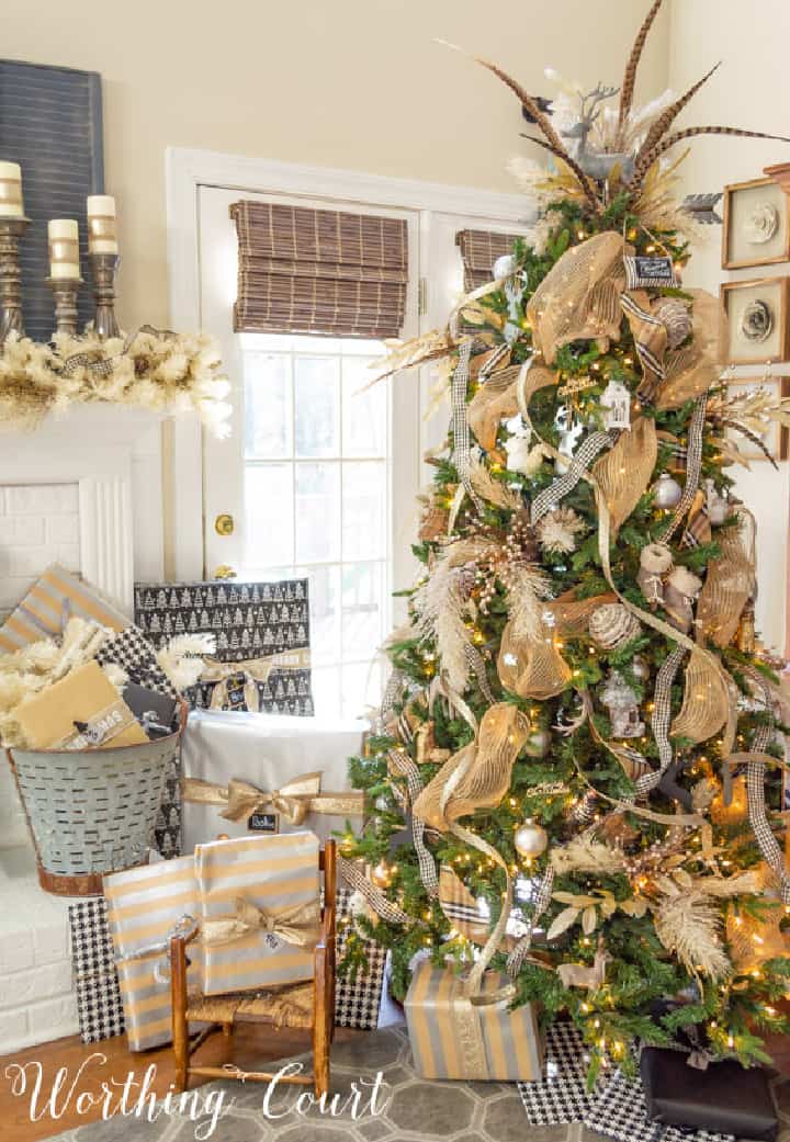 Christmas tree decorated with all neutral ornaments