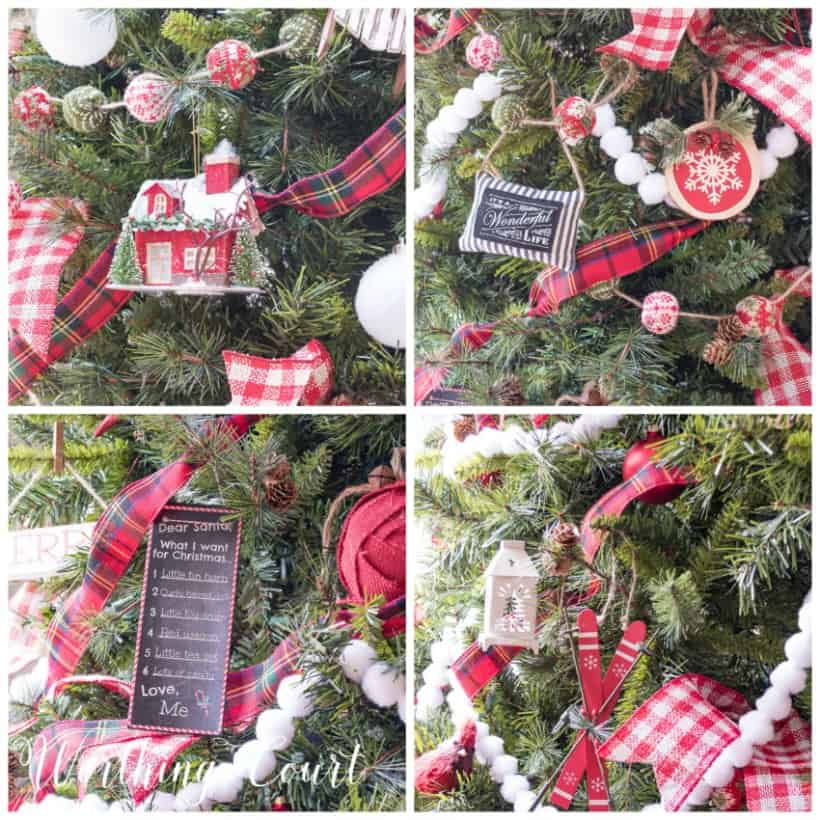 red, green and white ornaments on a Christmas tree