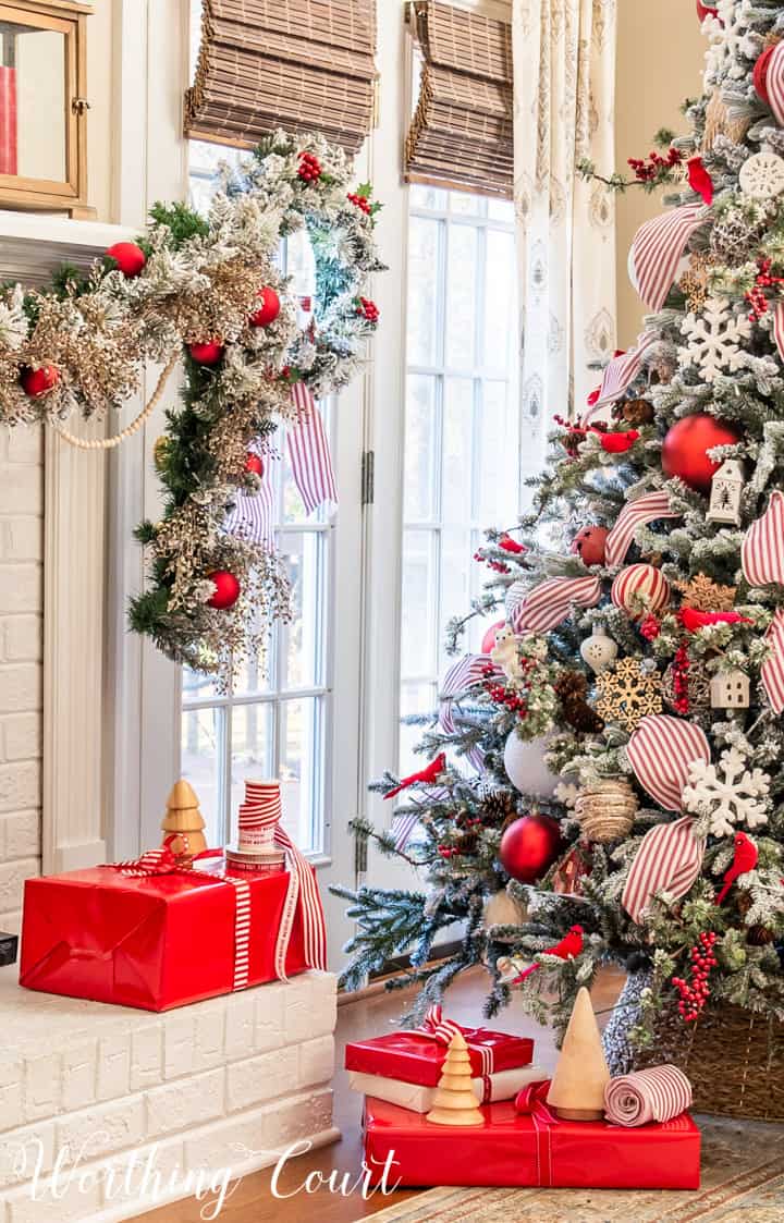 Red And White Flocked Christmas Tree