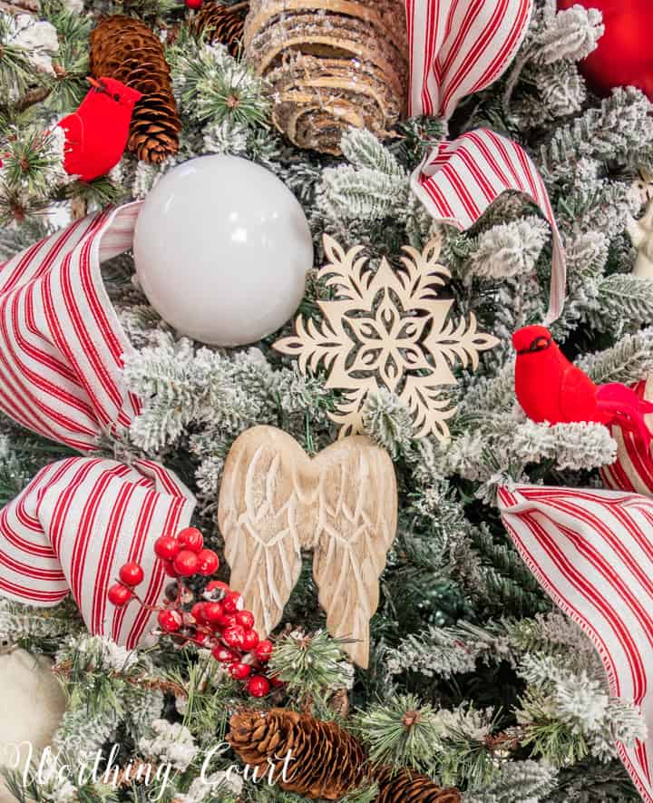 red and white Christmas tree decorations