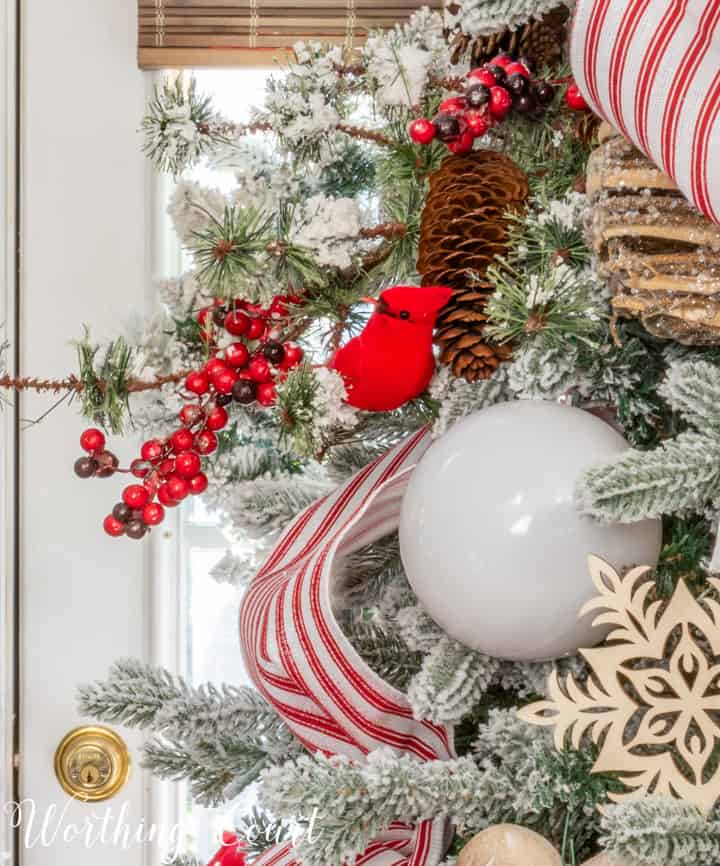 red and white Christmas tree decorations