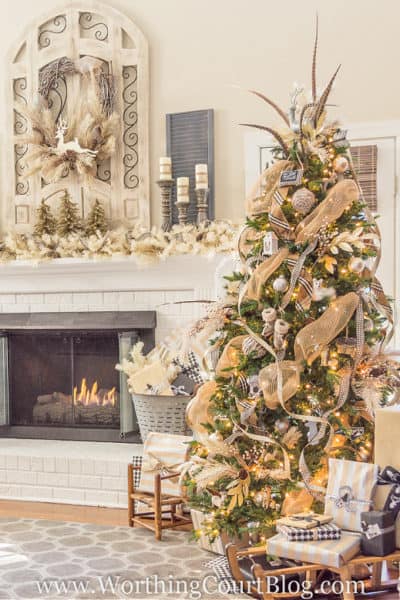 Christmas tree and mantel with neutral Christmas decorations