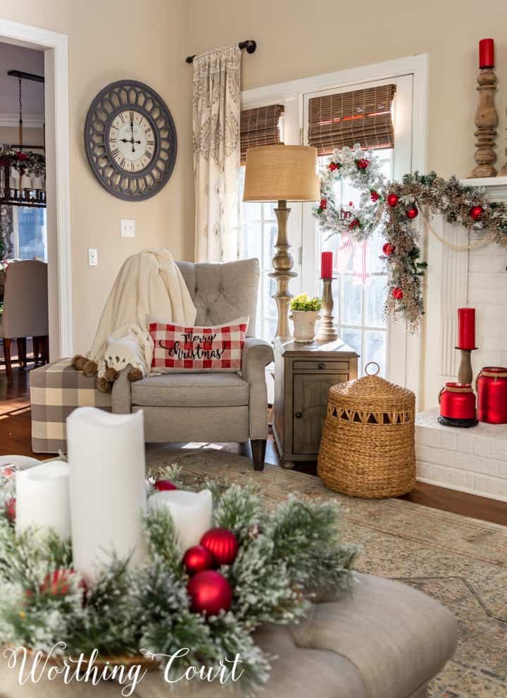 various red and white Christmas decorations in family room