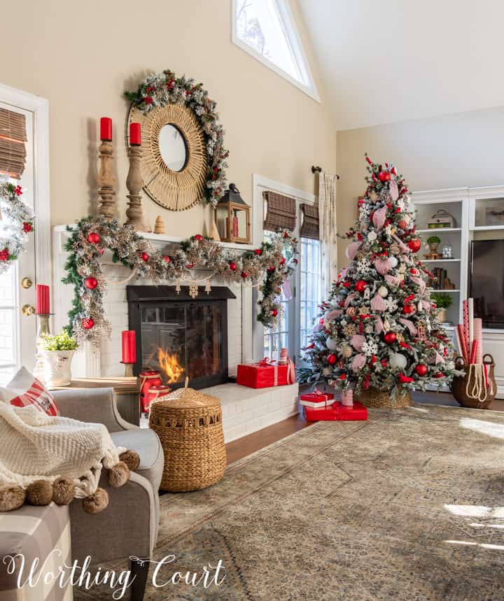 various red and white Christmas decorations in family room