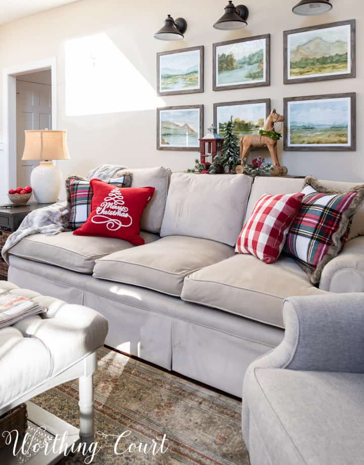 various red and white Christmas decorations in family room