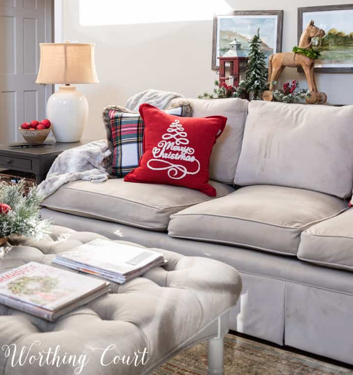 various red and white Christmas decorations in family room