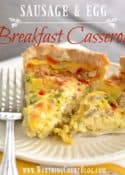 graphic with image of sausage and egg casserole on a white plate