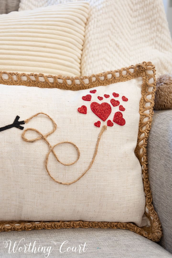 side of pillow with heart stickers