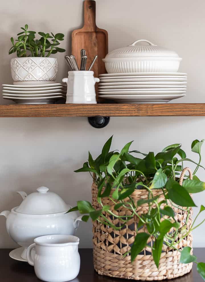 white dishes and live plants on open wooden shelves