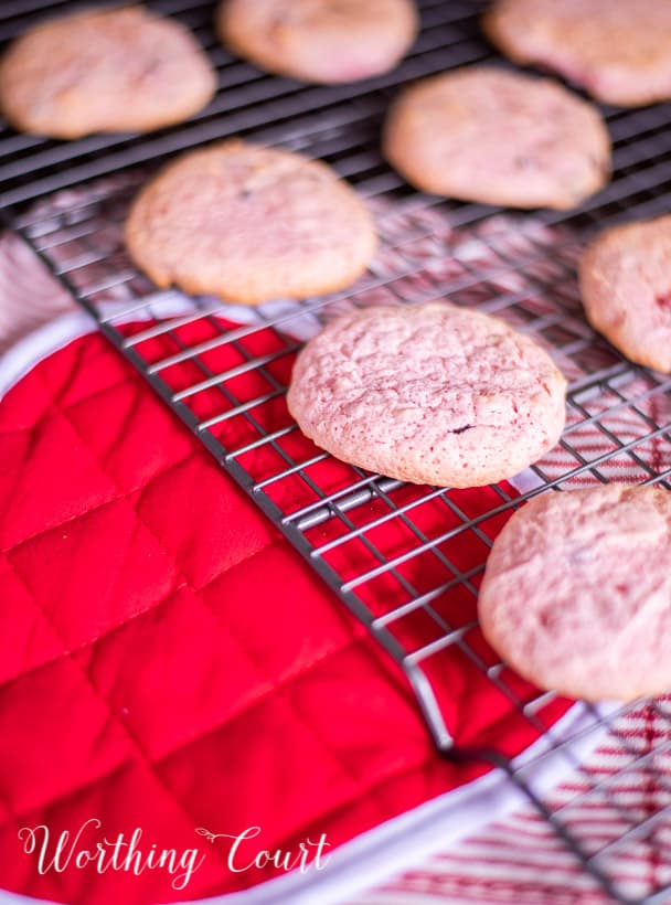 strawberry cookies on a cooling rack