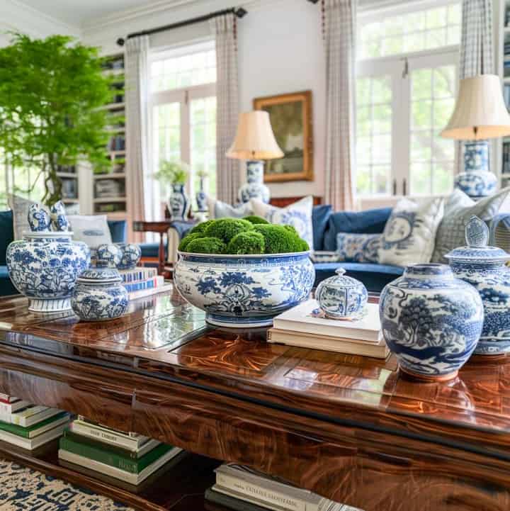 blue and white chinoiserie bowl filled with moss ball orbs on a coffee table with other blue and white accessories in a living room