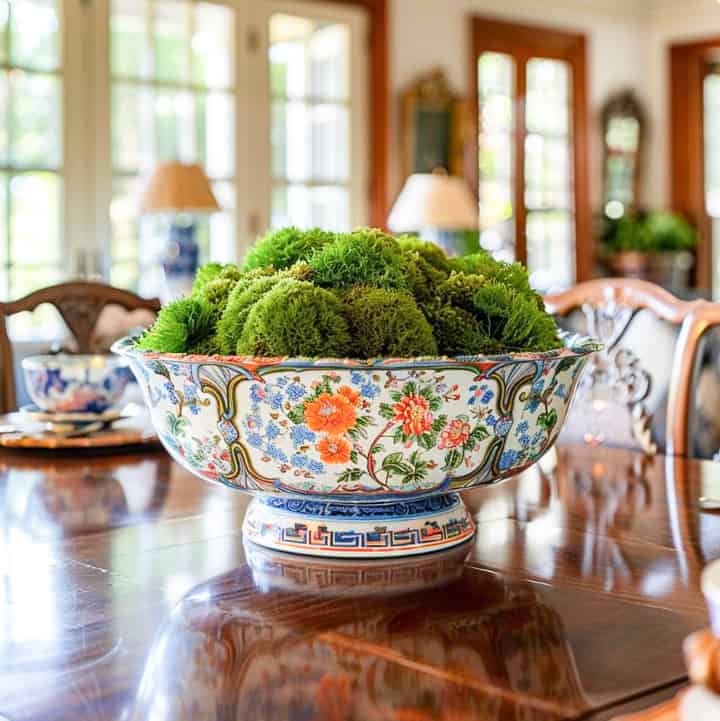 colorful chinoiserie bowl filled with moss on a dining room table