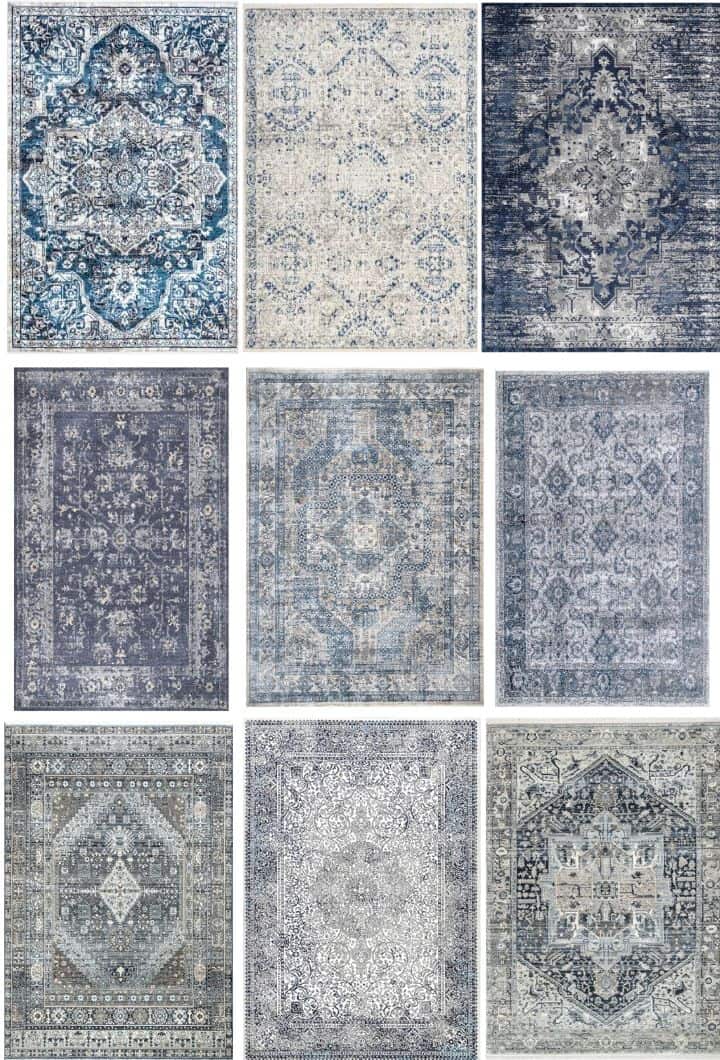 collage of 9 blue area rugs