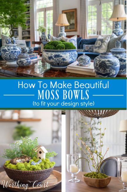 Pinterest image for how to make a moss bowl to fit any decor style