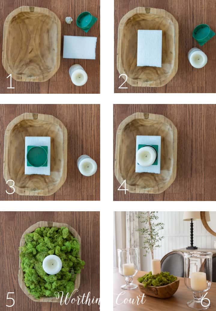 6 photos of step by step process of creating a moss bowl with a white candle